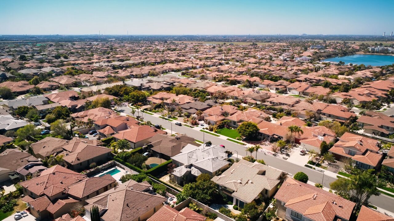 Aerial view of a Florida residential neighborhood with tile-roofed homes stretching to the coast