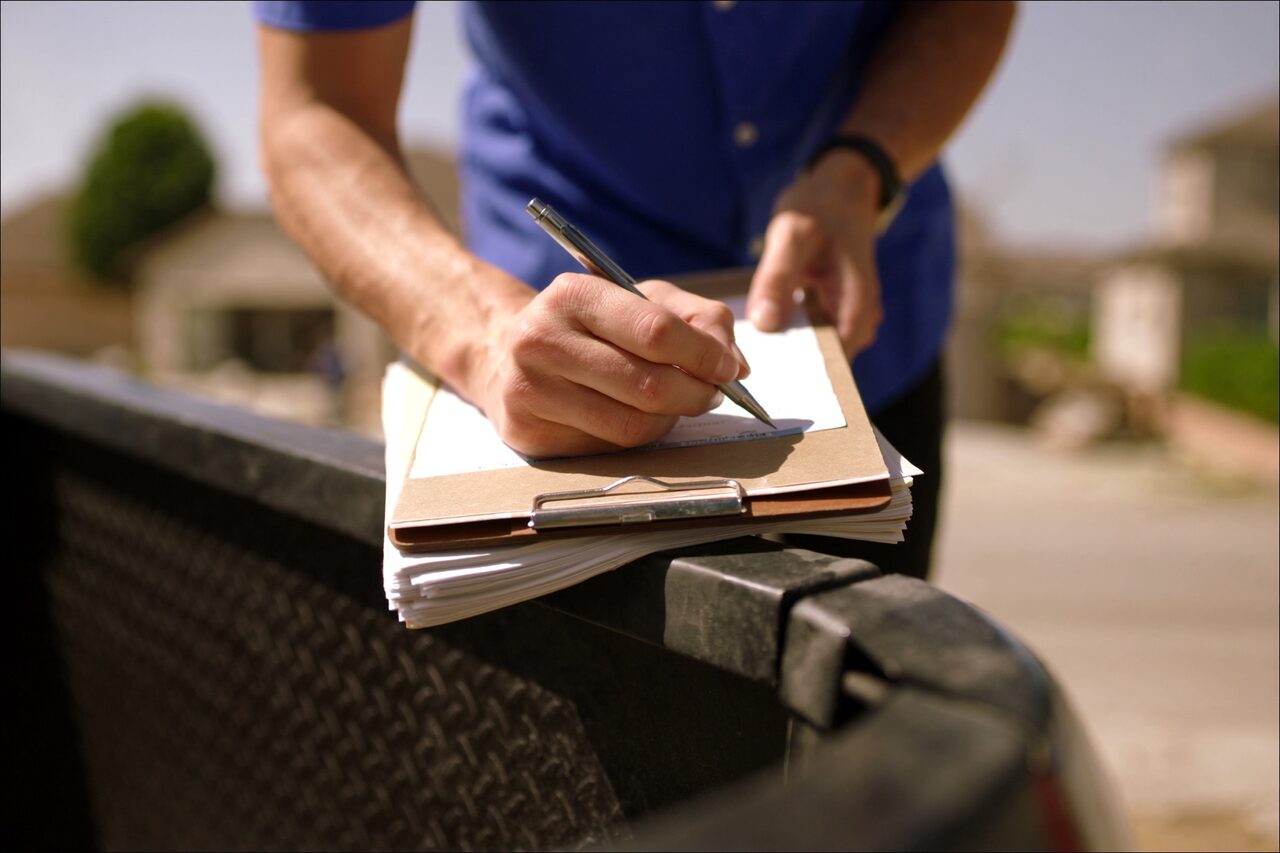 Person signing construction paperwork on a clipboard at a truck tailgate
