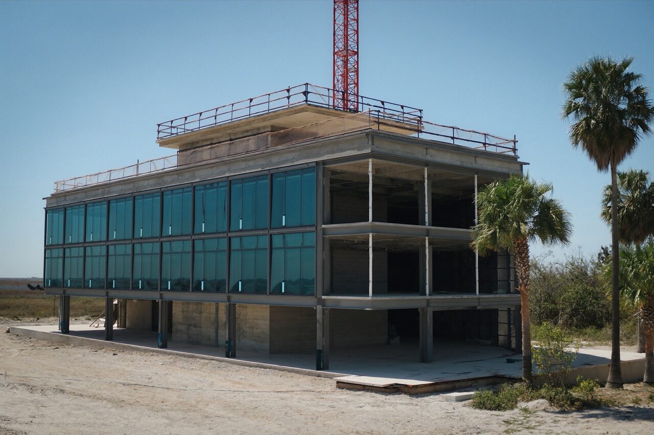Commercial building under construction with glass curtain wall and a tower crane